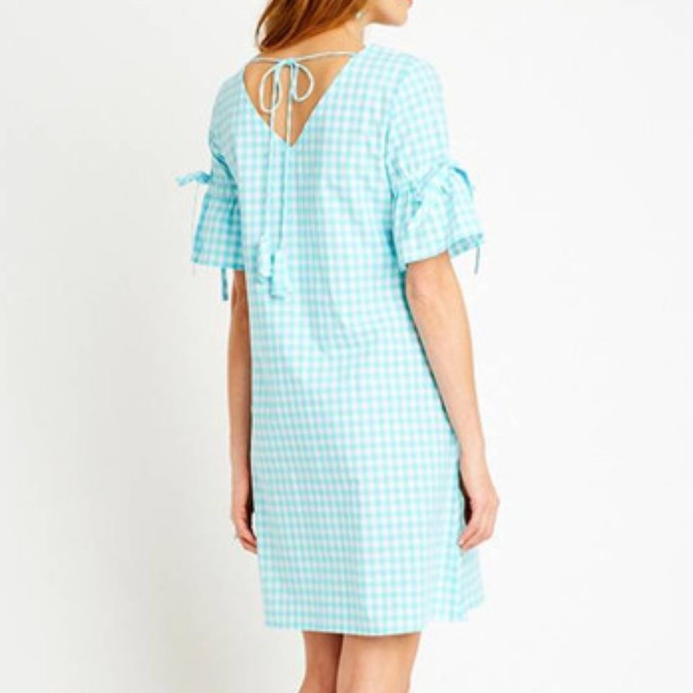 Tyler Boe Casey Gingham Dress Torquoise/White Size ‎ Bow Back XS NWOT